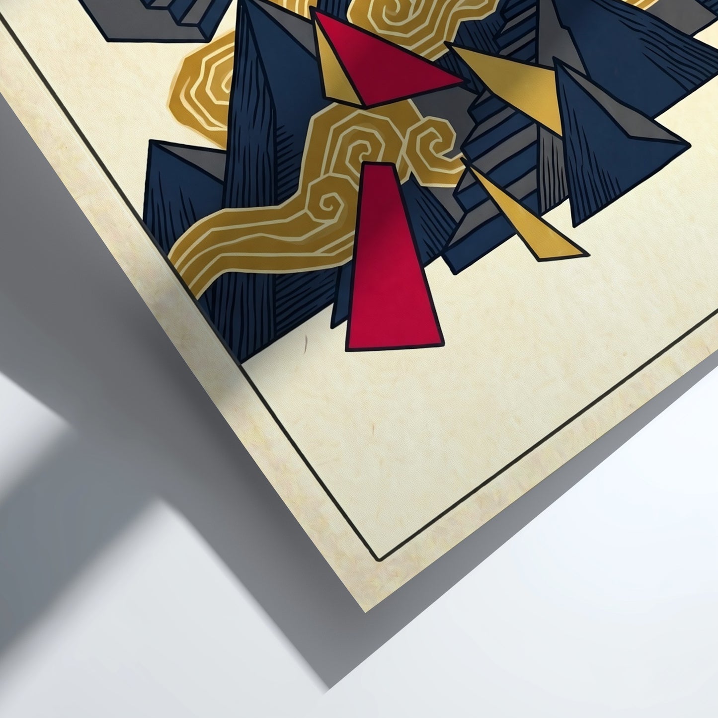 Fuji Abstract Pattern Poster showcasing geometric shapes in red, gold, and blue, inspired by Japanese art