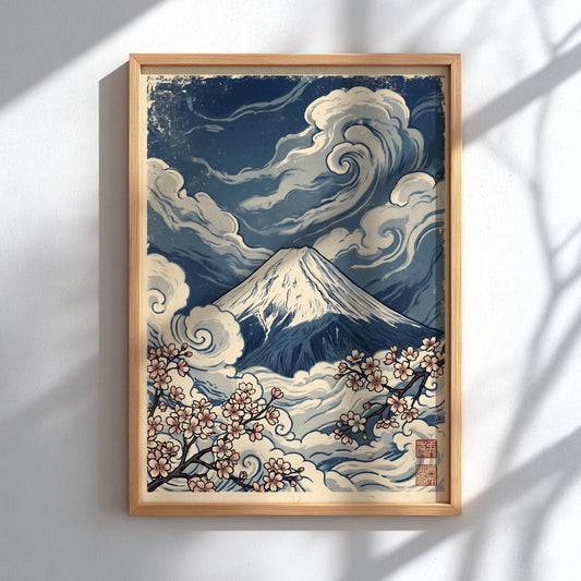 Japanese art style poster featuring Mount Fuji and cherry blossoms in blue and pink tones