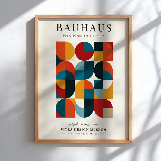 Bauhaus poster showcasing geometric patterns in vibrant colors, modernist wall art
