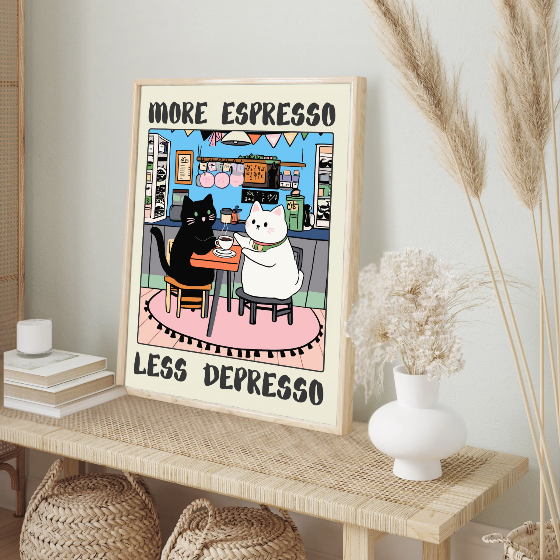 More Espresso Less Depresso – Funny Black Cat Coffee Print, Coffee Lover Wall Art, Kitchen Decor, Handmade Cat Poster, Coffee Bar Decor, Unique Gift