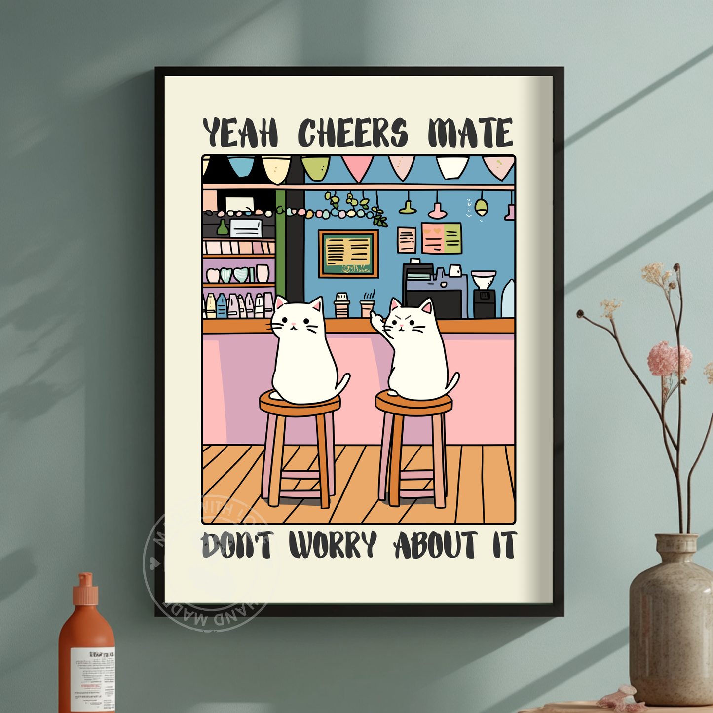 Vintage-Style Drinking Art, Quirky Cat Illustration, Pub Wall Decor, Humor Cat Lovers Gift