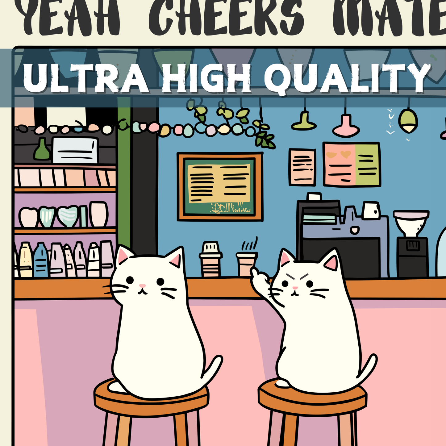 Vintage-Style Drinking Art, Cheers Mate Print, Pub Wall Decor, Humor Cat Lovers Gift