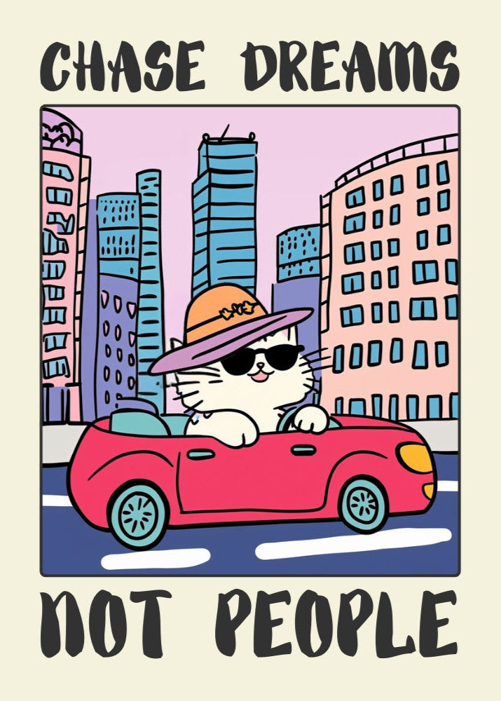 Quirky Animal Wall Art, Whimsical Cat Print, Motivational Humor, Retro Car Decor