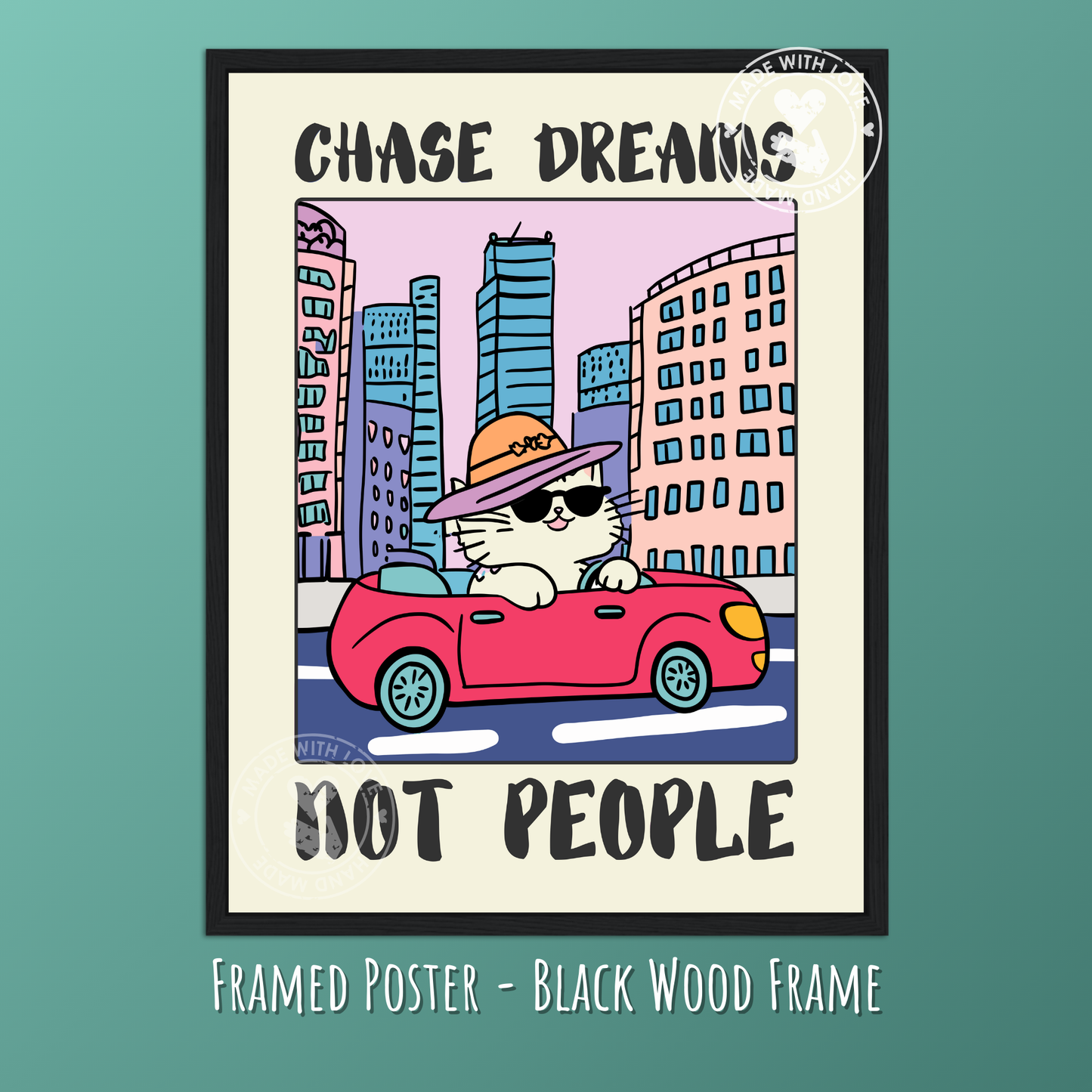 Quirky Animal Wall Art, Whimsical Cat Print, Motivational Humor, Retro Car Decor
