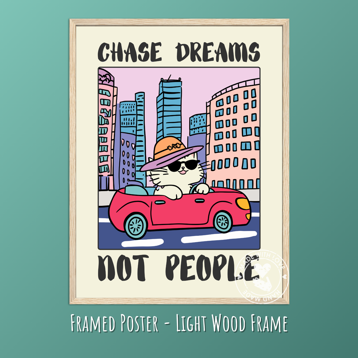 Quirky Animal Wall Art, Whimsical Cat Print, Motivational Humor, Retro Car Decor