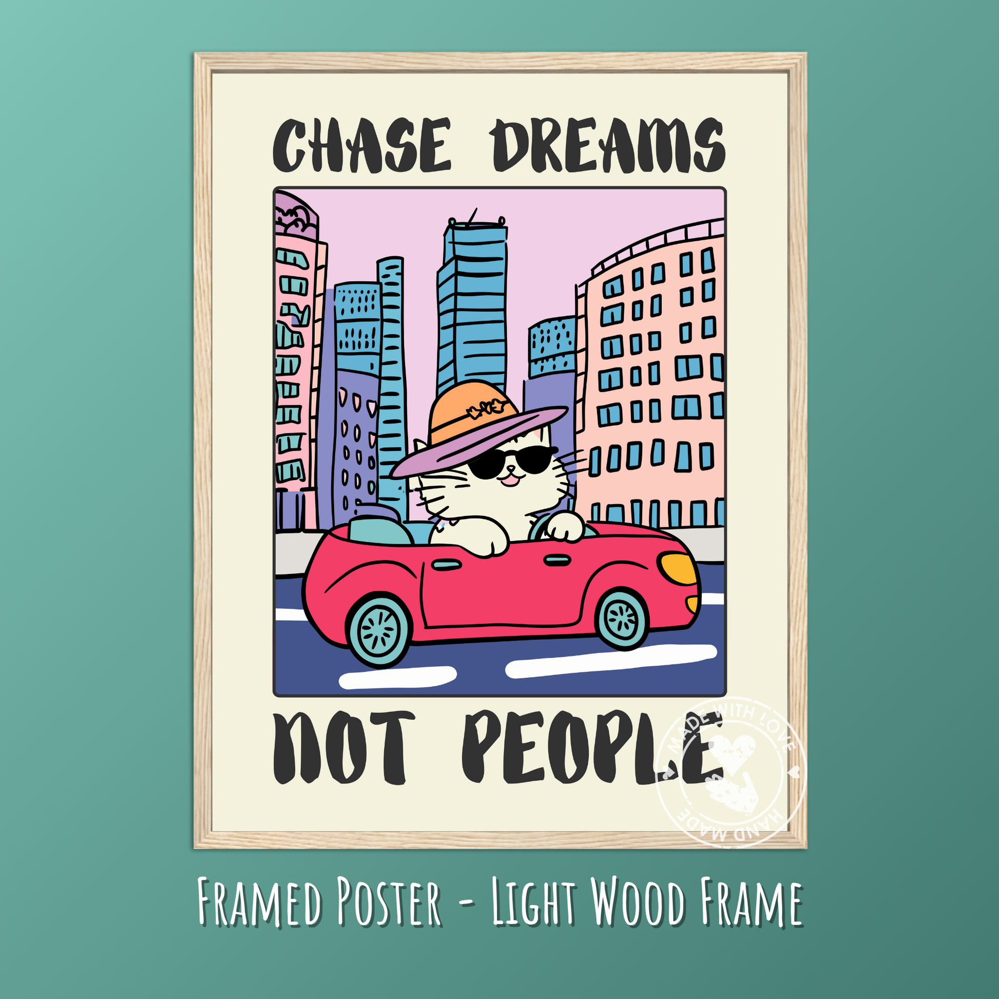 Quirky Animal Wall Art, Whimsical Cat Print, Motivational Humor, Retro Car Decor