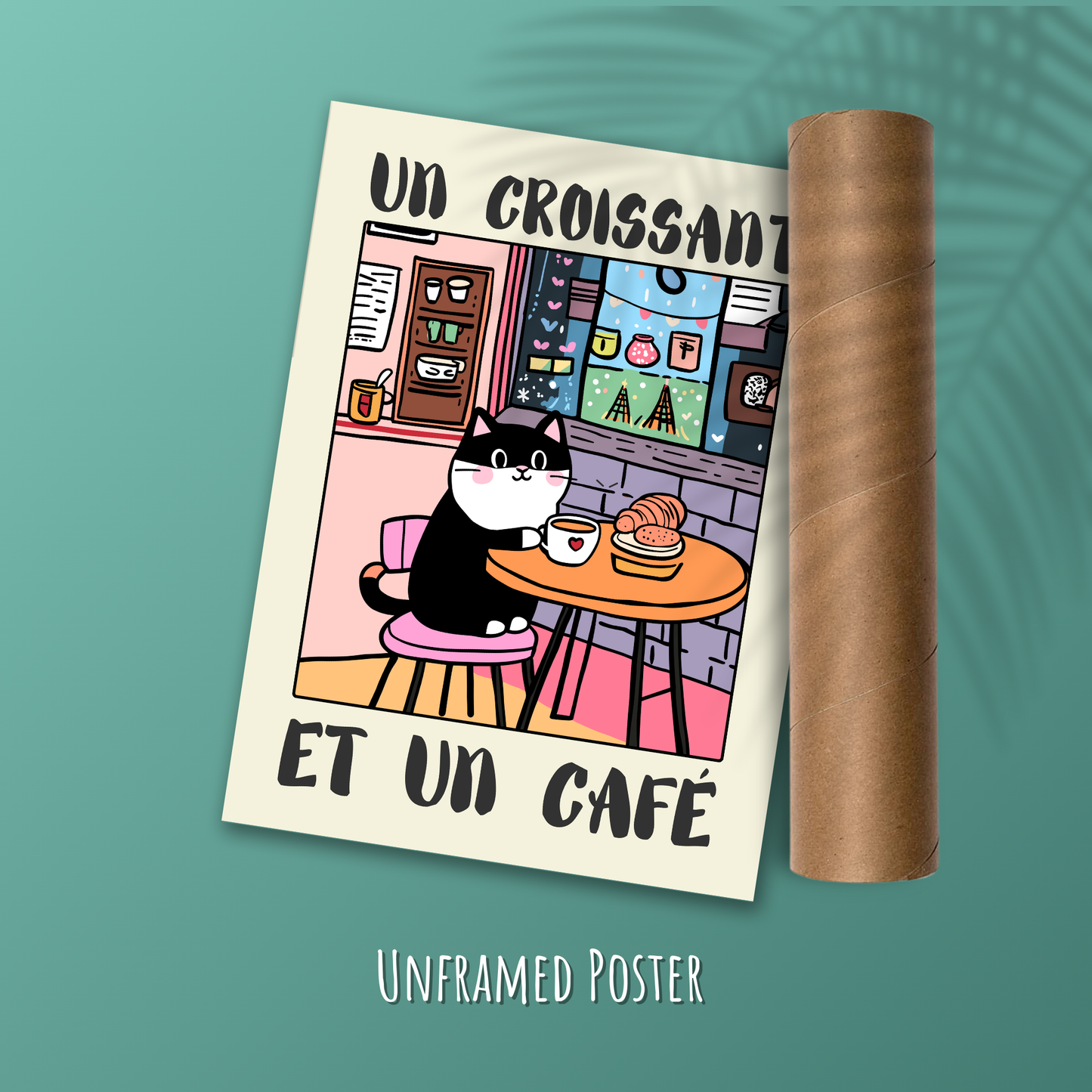 Un Croissant et Un Café – Cute Kitchen Wall Decor, Quirky Feline Print, Vintage Bistro Illustration
