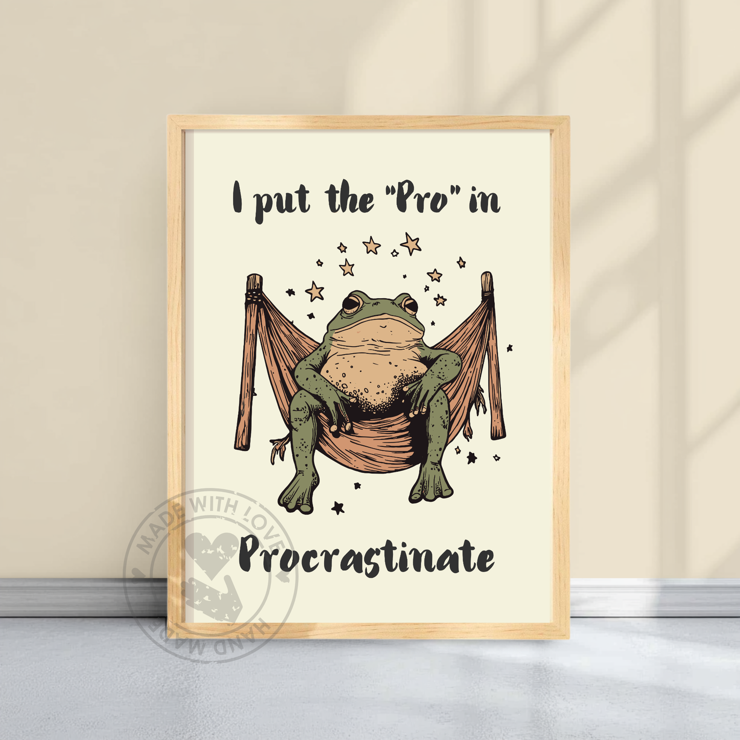 I Put the Pro in Procrastinate – Lazy Frog Wall Art, Quirky Animal Print, Relaxing Humor Decor