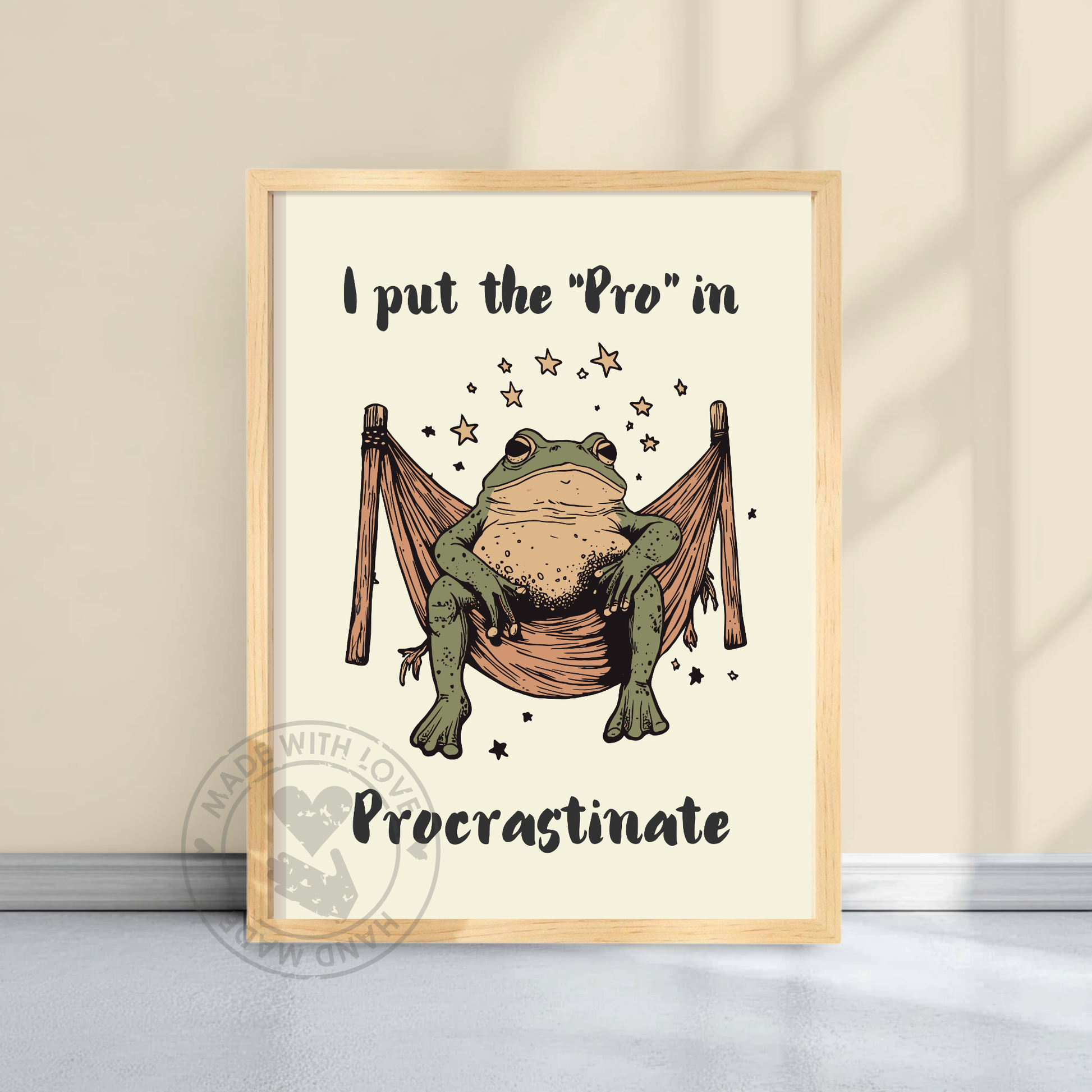 I Put the Pro in Procrastinate – Lazy Frog Wall Art, Quirky Animal Print, Relaxing Humor Decor