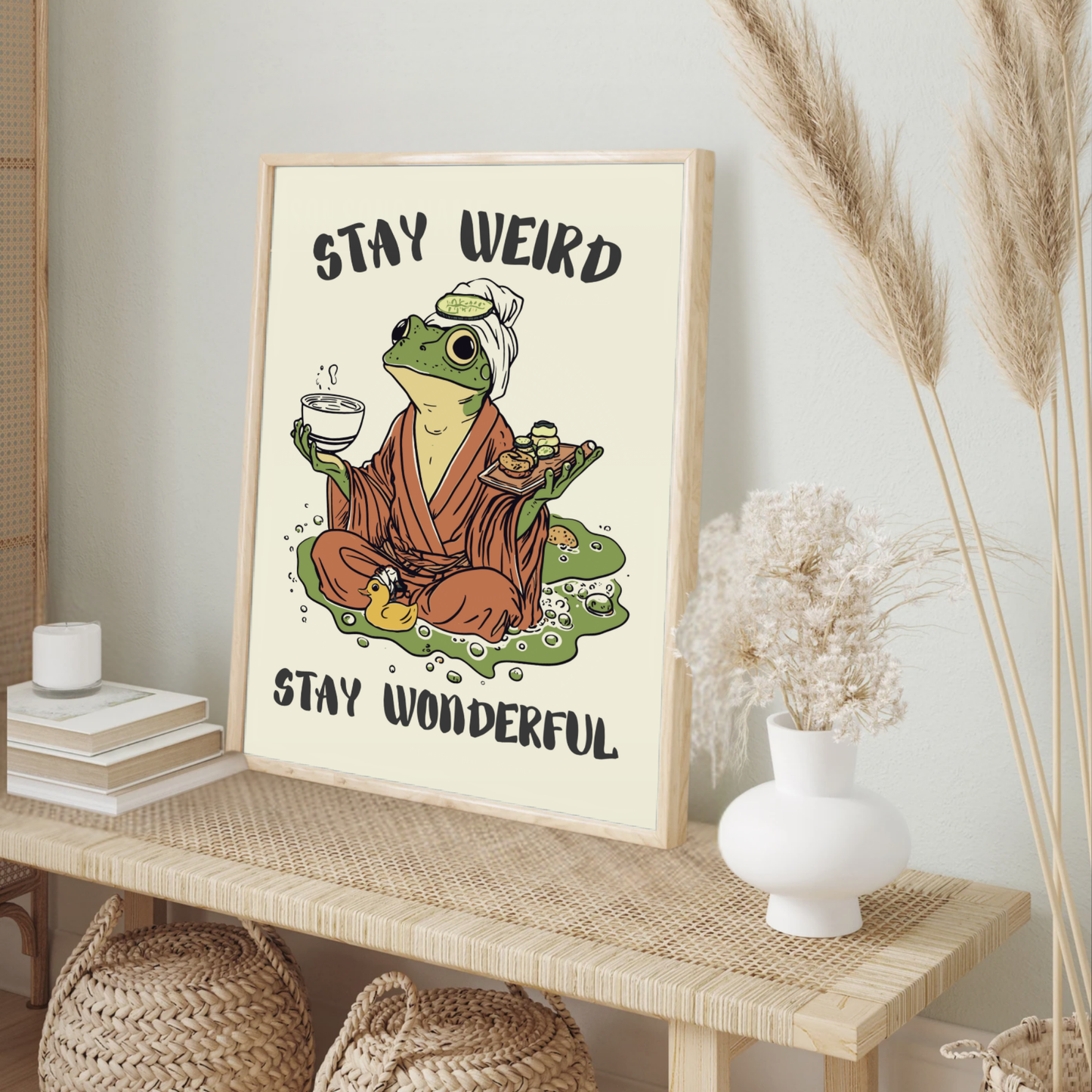 Stay Weird, Stay Wonderful, Cozy Cottagecore Wall Art, Whimsical Tea Print, Quirky Retro Animal Decor