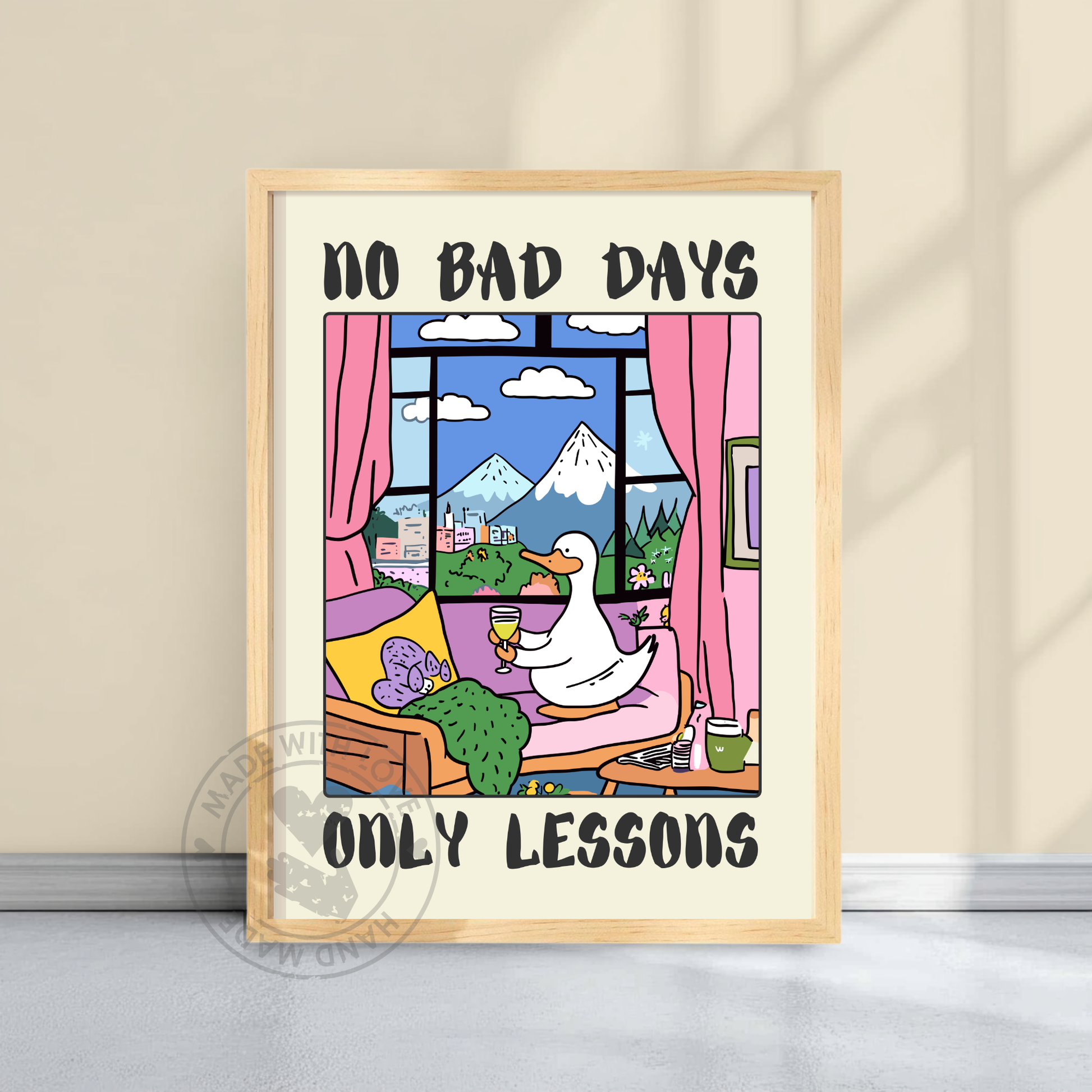 “No Bad Days, Only Lessons” – Quirky Animal Wall Art, Whimsical Bar Decor, Cozy Vintage Illustration