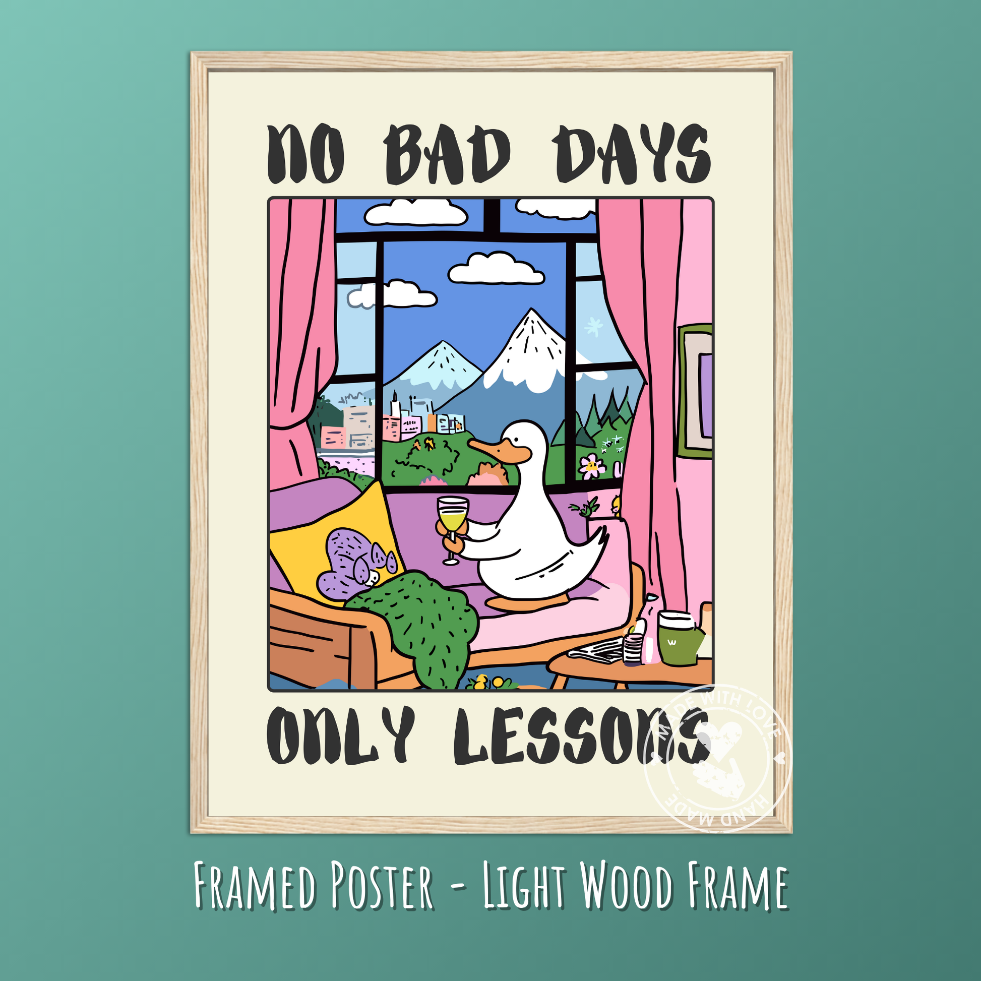 “No Bad Days, Only Lessons” – Quirky Animal Wall Art, Whimsical Bar Decor, Cottagecore Goose Print, Cozy Vintage Illustration