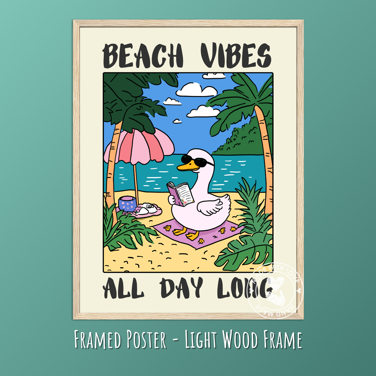 Beach vibes all day long, Whimsical Wall Decor, Cottagecore Aesthetic, Vintage Goose Print, Humor Poster