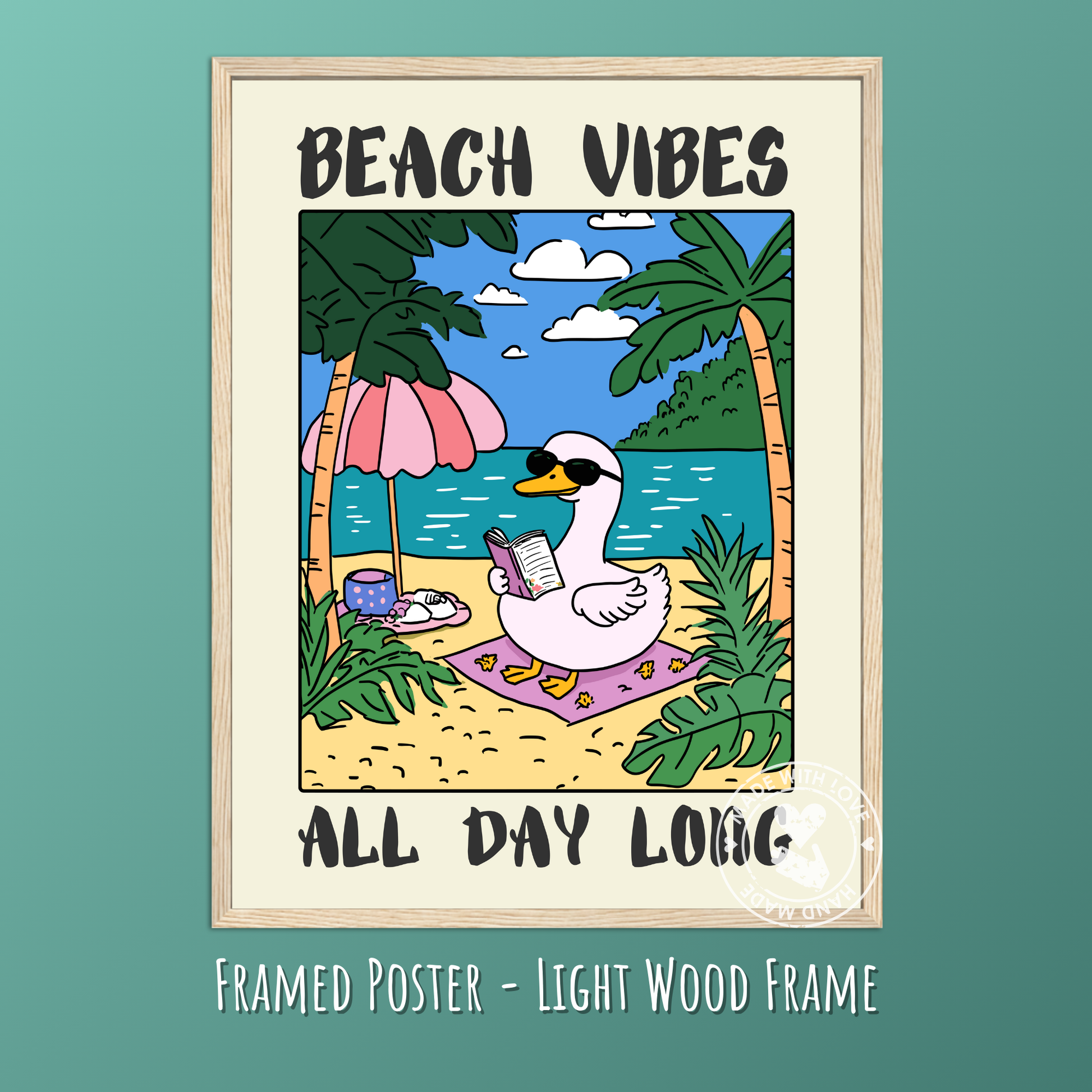 Beach vibes all day long, Whimsical Wall Decor, Cottagecore Aesthetic, Vintage Goose Print, Humor Poster
