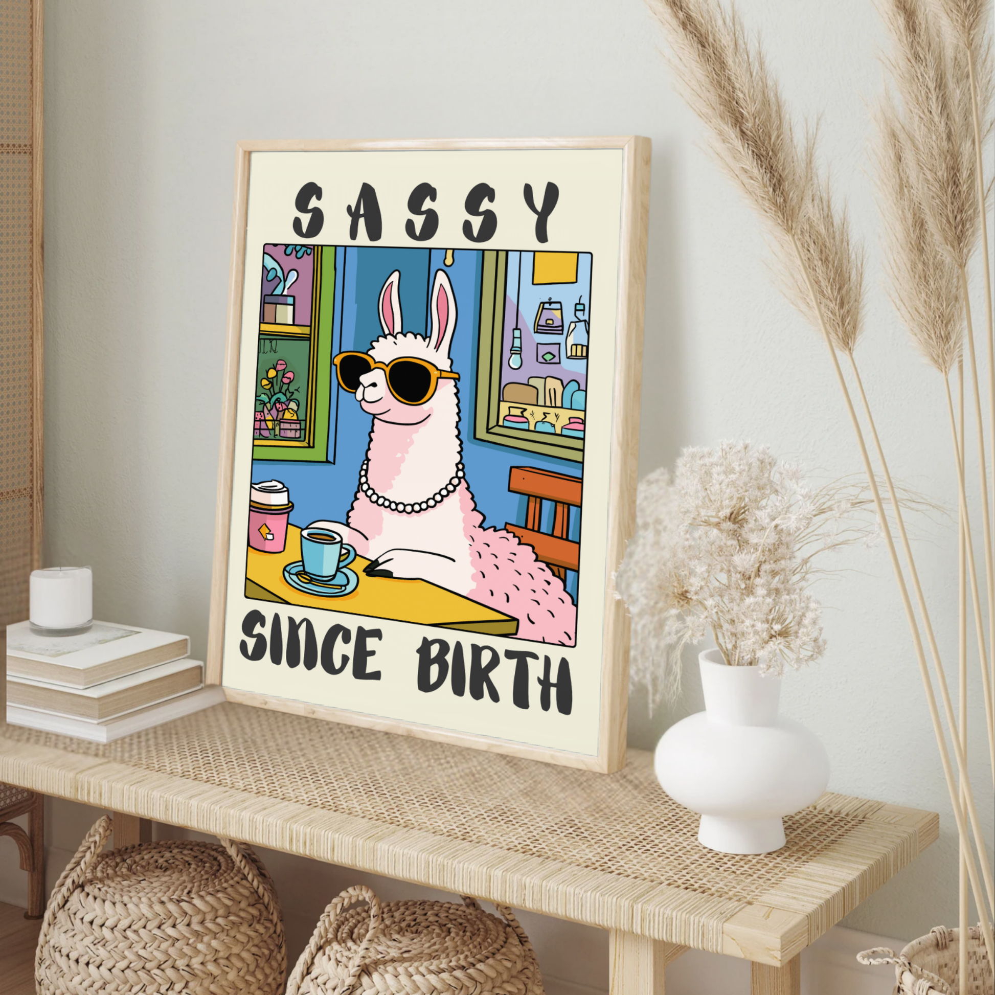 Sassy Since Birth – Cute Animal Wall Decor, Glamorous Llama Print, Whimsical Café Illustration