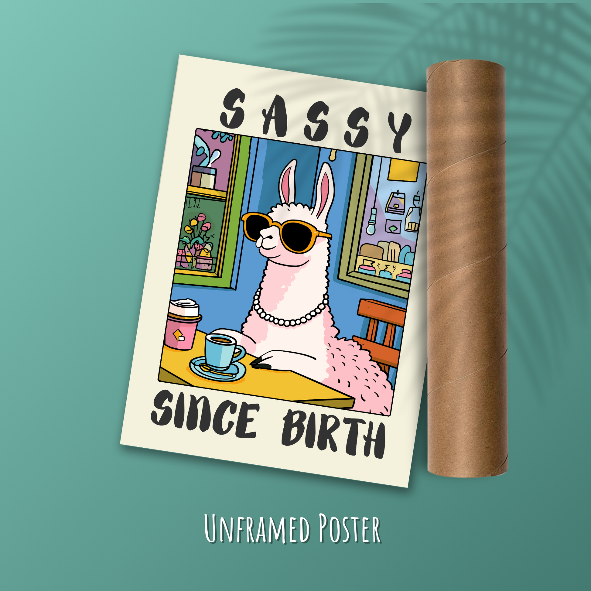 Sassy Since Birth – Quirky Coffee Shop Art, Cute Animal Wall Decor, Glamorous Llama Print