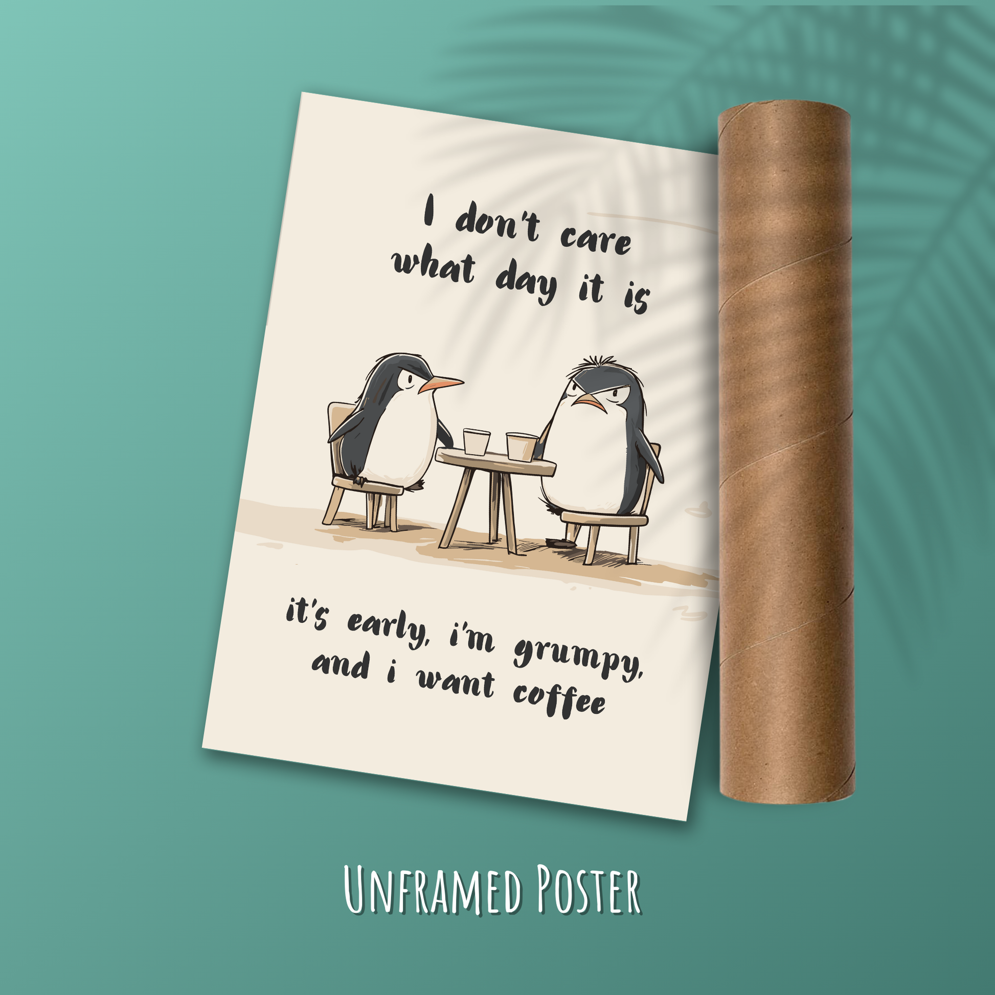 I don't care what day it is, it's early, im grumpy and i want coffee – Funny Penguin Poster, Quirky Animal Art, Whimsical Wall Decor, Cottagecore Aesthetic, Vintage Penguin Print, Humor Poster