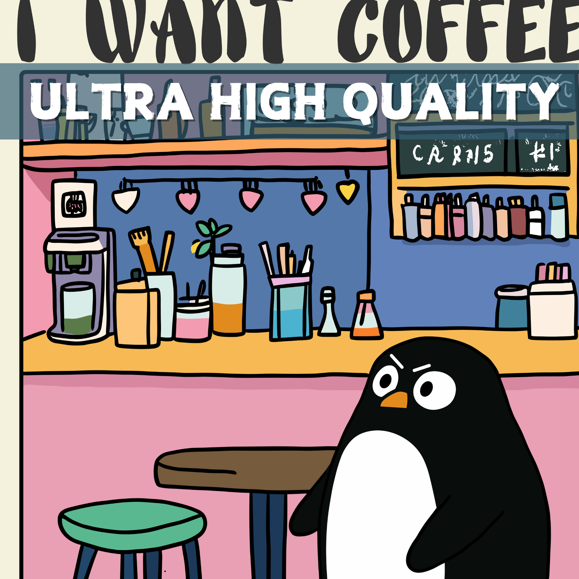 I want coffee not your opinion Peguin – Whimsical Wall Decor, Cottagecore Aesthetic, Vintage Penguin Print, Humor Poster