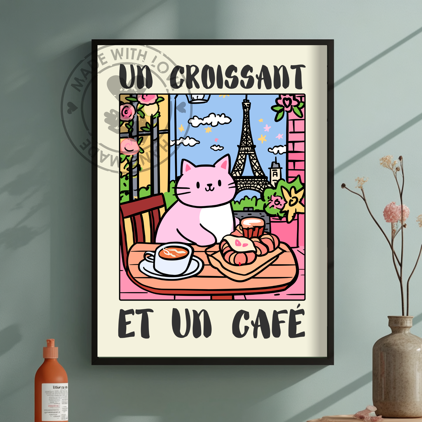 Un Croissant et Un Café – Cute French Café Decor, Quirky Feline Print, Eiffel Tower Illustration