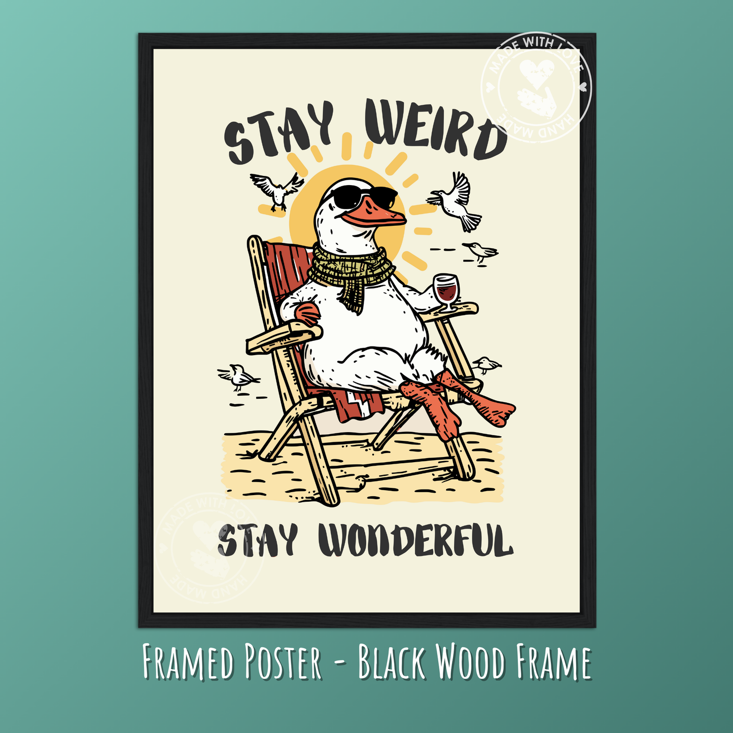 Cozy Cottagecore Wall Art, Whimsical Wine Print, Quirky Retro Animal Decor, Cute Seagul Illustration