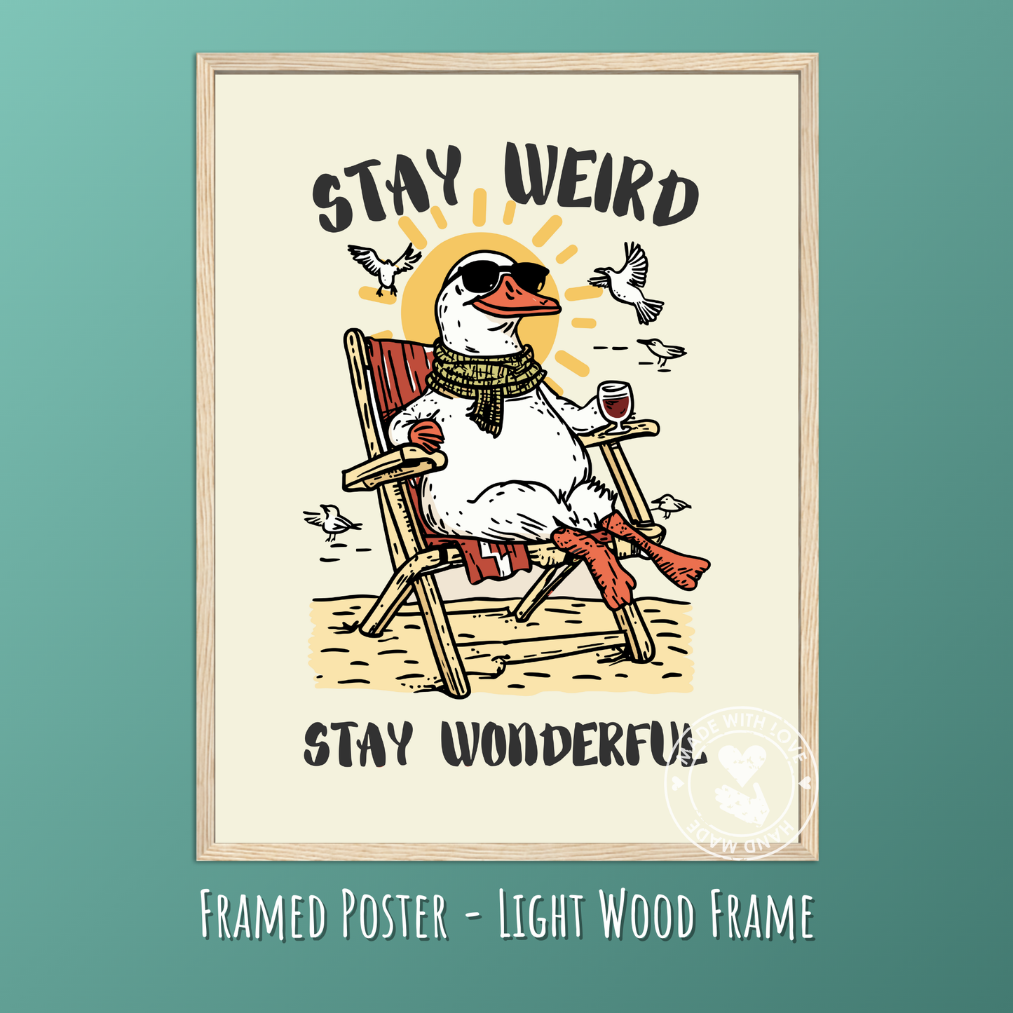 Cozy Cottagecore Wall Art, Whimsical Wine Print, Quirky Retro Animal Decor, Cute Seagul Illustration