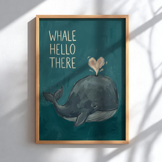 Poster featuring a dark blue whale with a heart-shaped water spout on teal background