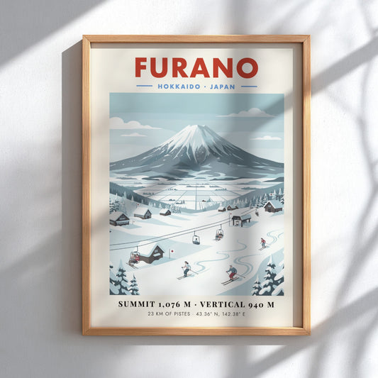 Furano ski resort poster featuring vintage style, snow-capped mountains, and cozy chalets in soft blue tones.