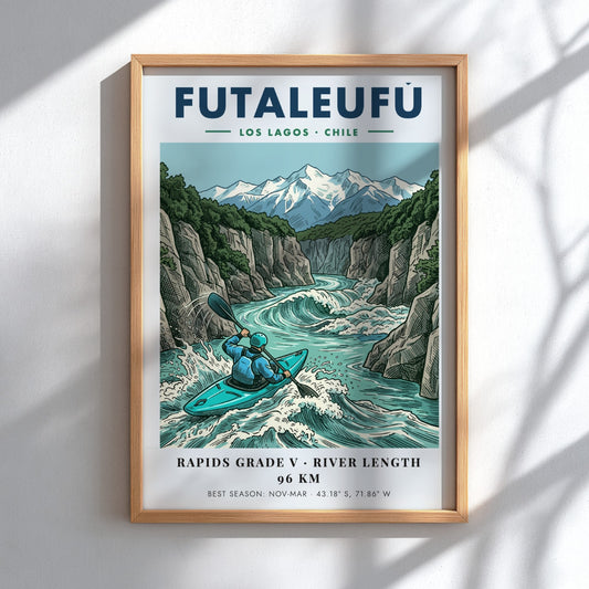 Poster of a kayaker navigating the turquoise rapids of the Futaleufu river in Chile.