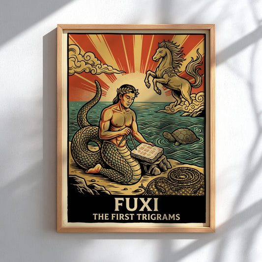 Poster featuring Fuxi the sage with a serpent tail inscribing ancient trigrams on stone