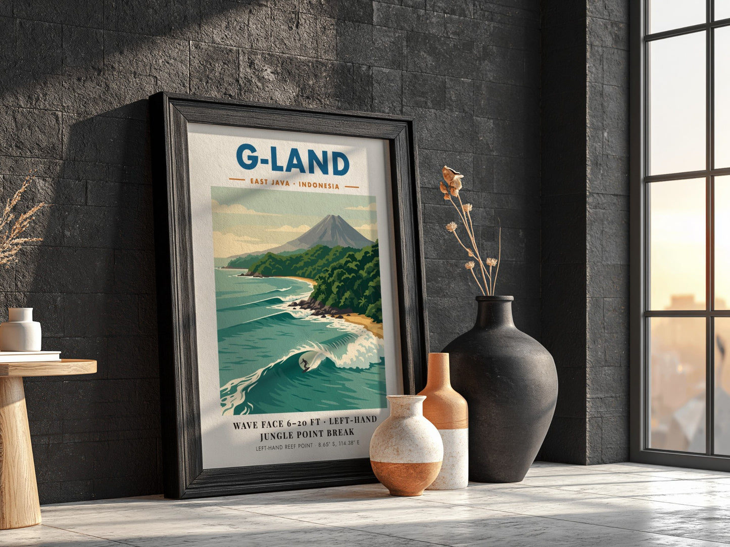 Vintage travel poster of G-Land featuring a surfer on a wave and volcano.