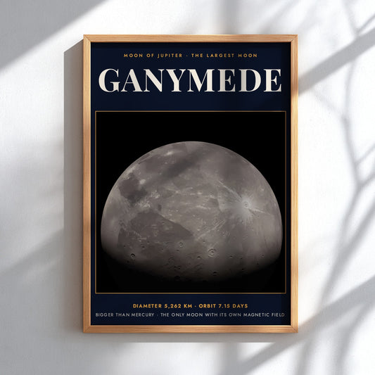 Poster of Ganymede, the largest moon of Jupiter, featuring cratered grey surface and text.