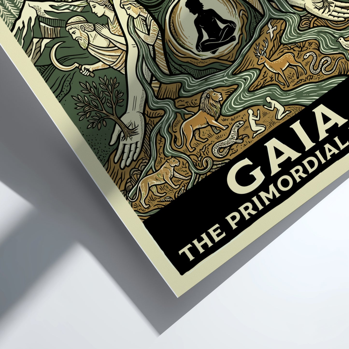 Gaia poster featuring the Greek Earth Mother goddess, linocut style, earthy colors, nature and mythology