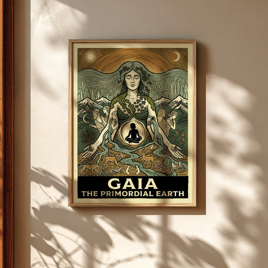 Gaia poster featuring the Greek Earth Mother goddess, linocut style, earthy colors, nature and mythology