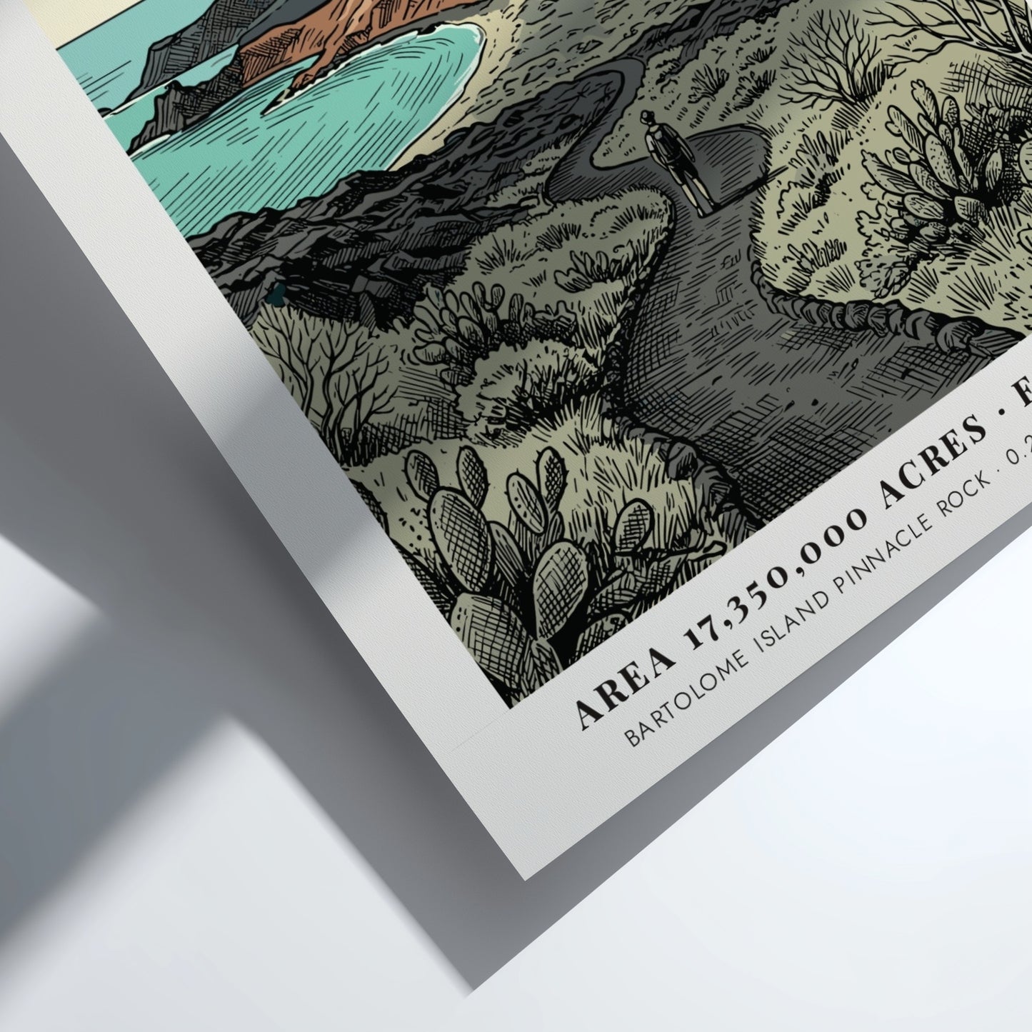 Poster featuring a vintage illustration of the Galapagos landscape with Pinnacle Rock island.