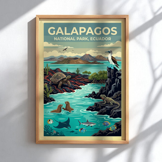 Poster of Galapagos National Park featuring a tortoise, sea lions, and diverse wildlife.