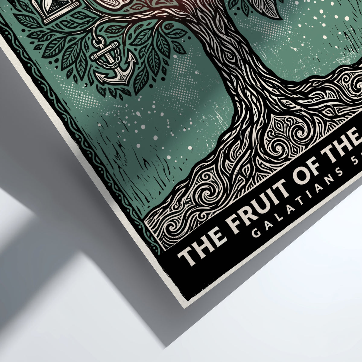 Poster featuring a stylized tree with symbolic icons in green and cream tones.