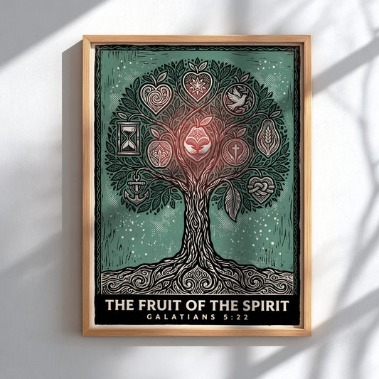 Poster featuring a stylized tree with symbolic icons in green and cream tones.