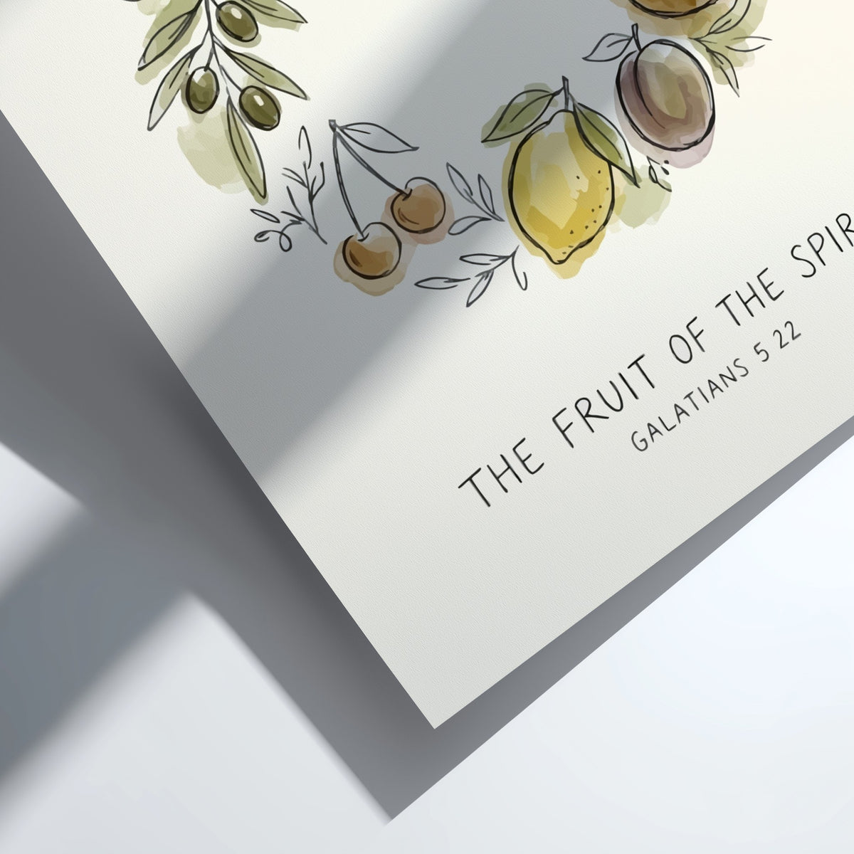 Poster displaying a watercolour wreath of fruit with the text The Fruit of the Spirit.