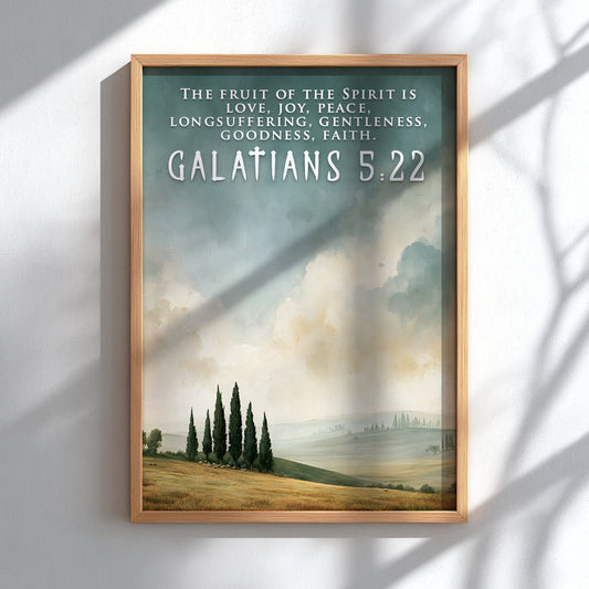 Poster displaying a peaceful countryside landscape with cypress trees and Galatians 5:22 scripture text.
