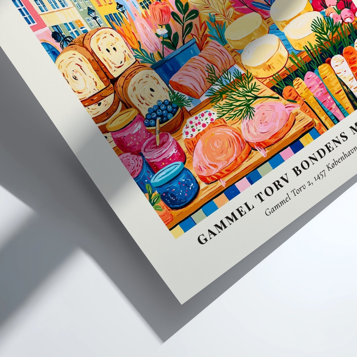 Farmers market poster featuring colorful produce and Copenhagen architecture in vibrant style