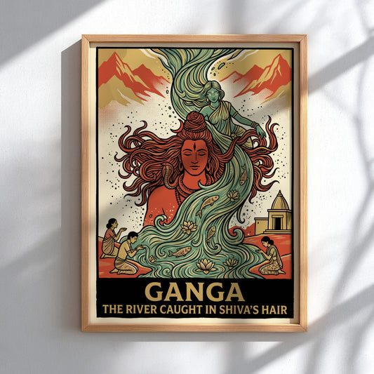 Poster featuring Ganga flowing from Shiva hair with lotus flowers and mountain temple