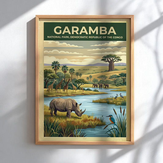 Garamba National Park poster featuring wildlife, river, and lush landscape in warm colors