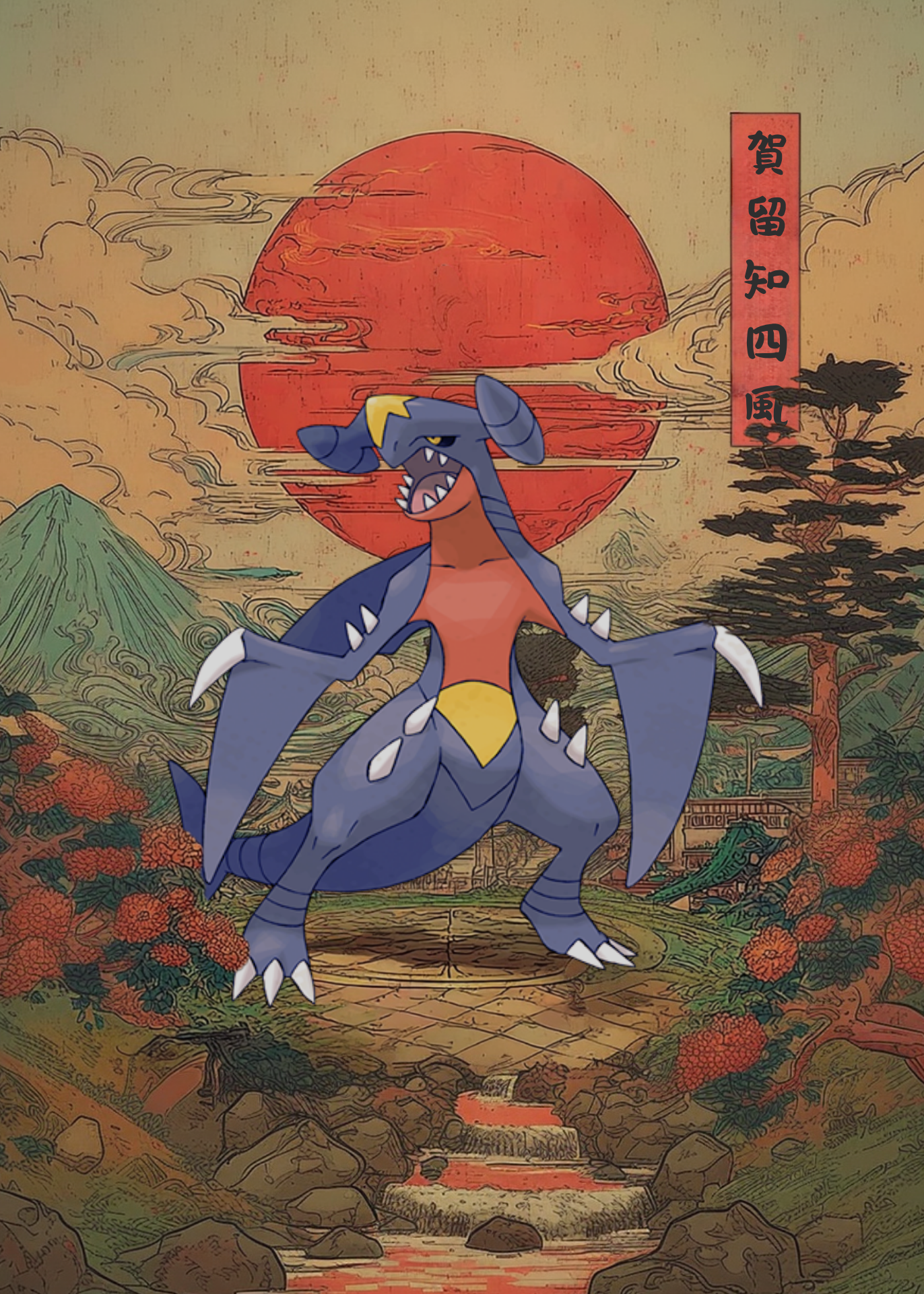 Garchomp Pokemon character in a traditional Japanese setting with a red sun and mountains.