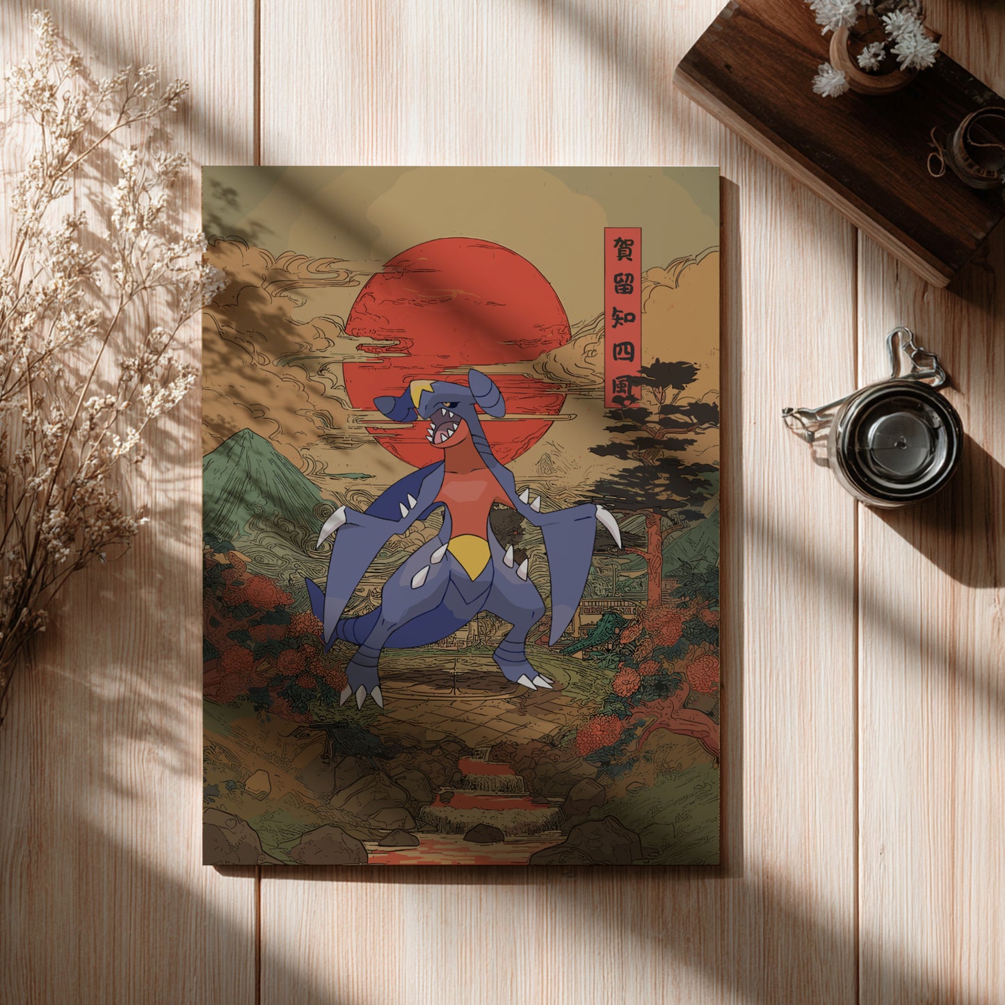 Canvas print of Garchomp Pokemon with a red sun in the background on a wooden surface.