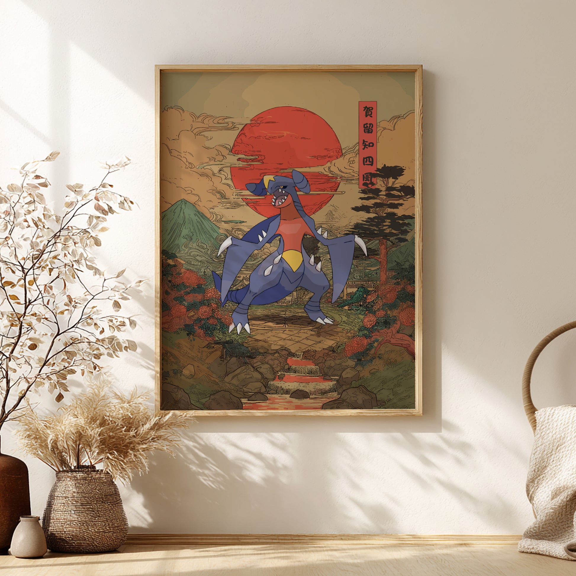 Framed artwork of Garchomp Pokemon in a natural setting on a wall with decorative elements.