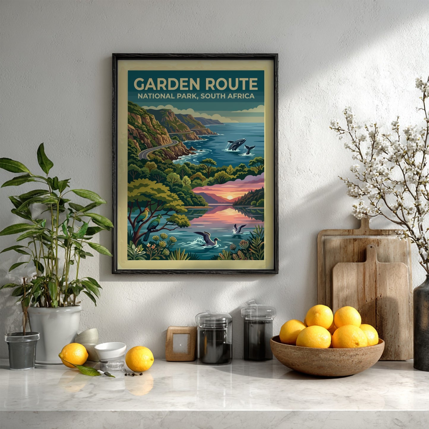 Travel poster of Garden Route National Park with coastal cliffs, whales, and birds.