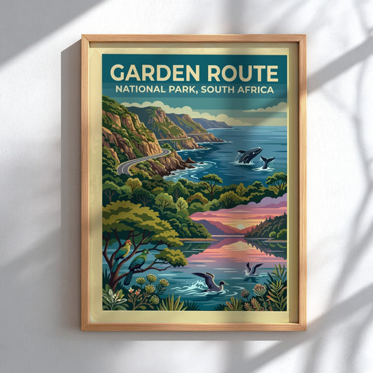 Travel poster of Garden Route National Park with coastal cliffs, whales, and birds.