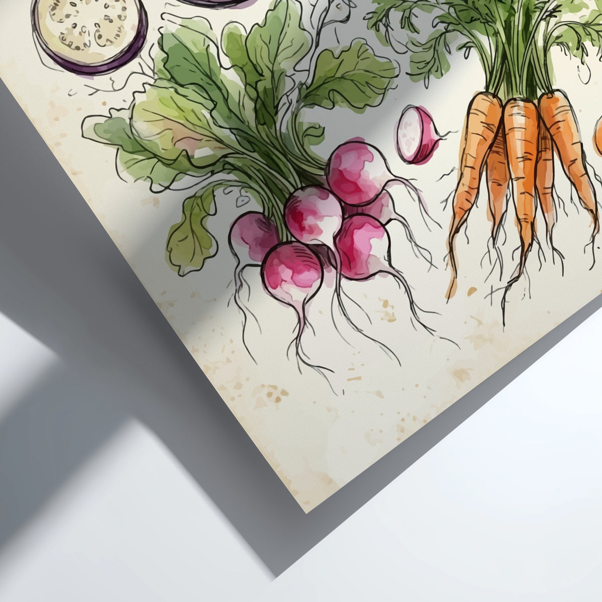Watercolor poster featuring garden vegetables including eggplant, artichokes, radishes, and carrots on a