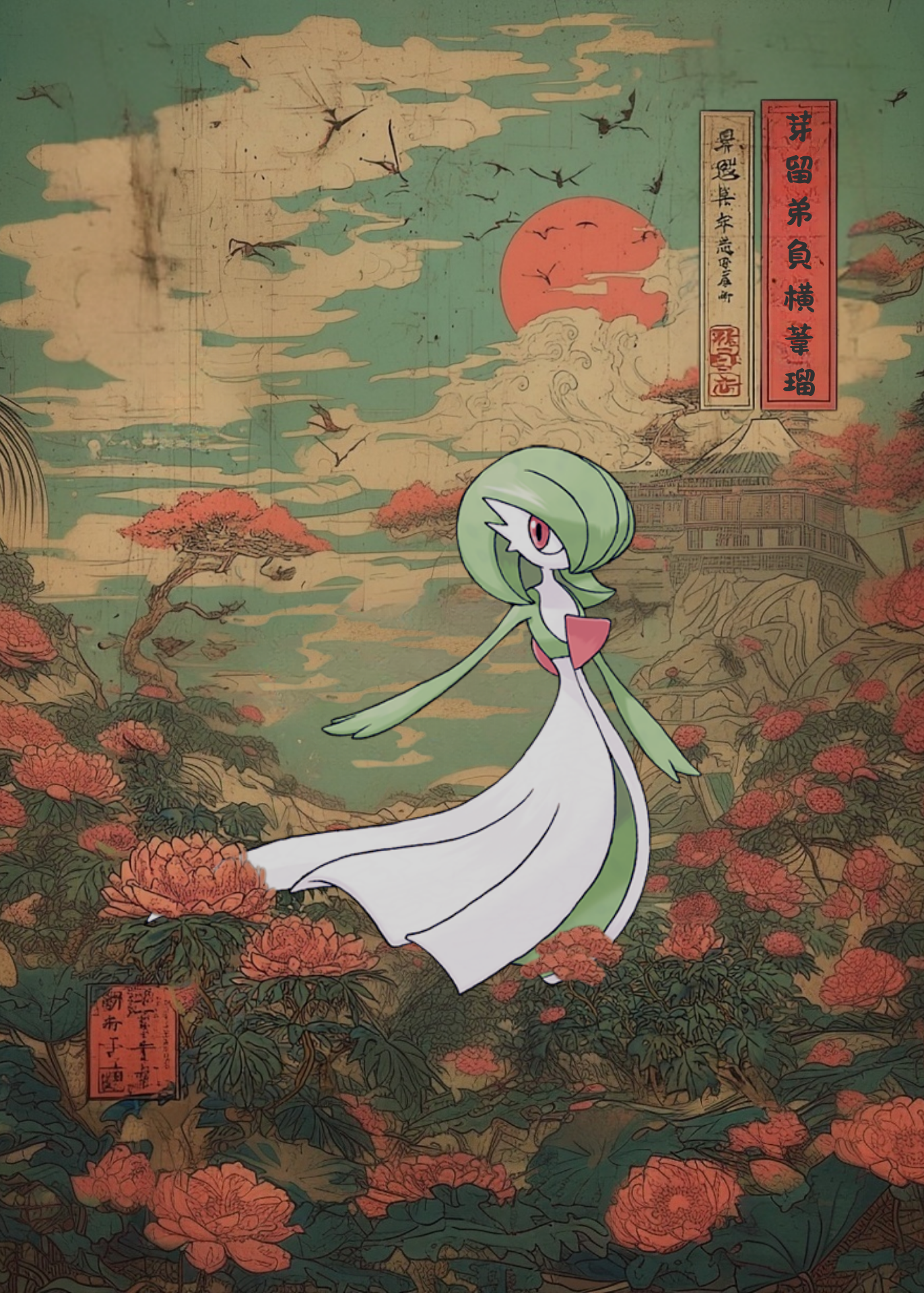 Gardevoir Pokemon character standing in a floral garden with a red sun in the background.