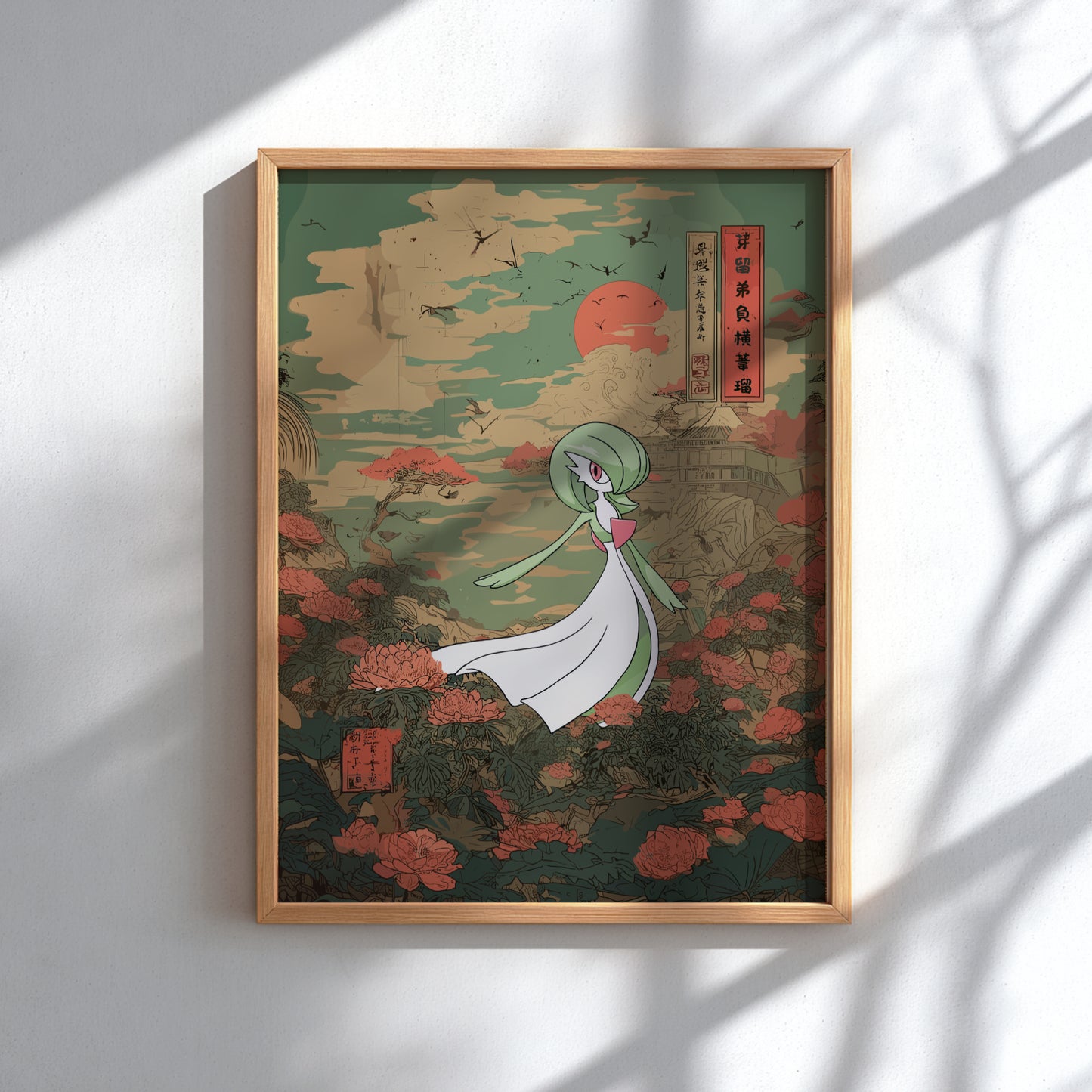 Framed artwork with Gardevoir Pokemon character in a traditional setting on a white wall.